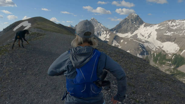 istock Woman trail runner runs along mountain ridge with dog 1417698793