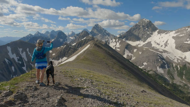 Woman trail runner on mountain summit with mobile phone