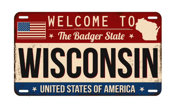 witamy w wisconsin vintage zardzewiała tablica rejestracyjna - license plate metal rusty old stock illustrations