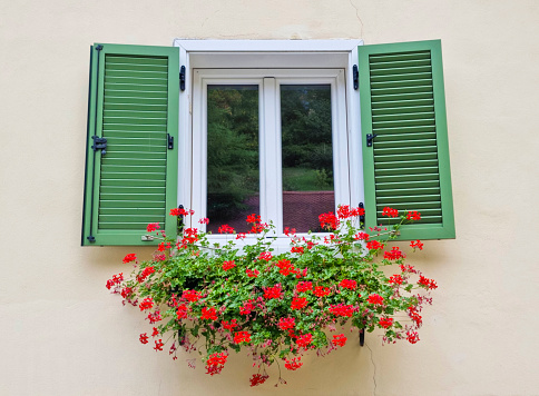 Charming old window with green shutters and red geraniums flowers