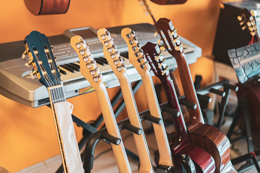 Guitars standing in a music Store