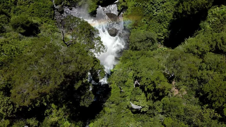 Aerial lowering on Salto El Leon waterfall with mist and rainbow surrounded by green dense forest, Pucon, Chile