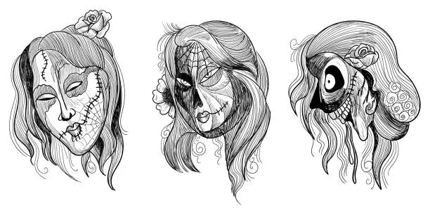 Vector illustration of Hand draw spooky womens face mask set sketch