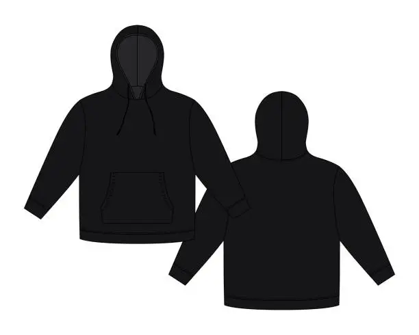 Vector illustration of Hoodie template in black color. Apparel hoody technical sketch mockup. Sweatshirt with hood, pockets.