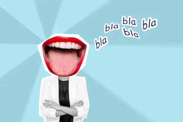 Photo of Young business woman headed by wide open mouth shows tongue with text bla bla bla