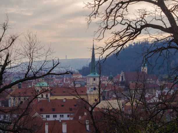 istock Prague city panorama View on old town from old castle steps with bare tree branches in winter evening 1417716960