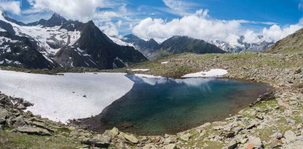 istock Panoramic view of glacial lake with springs from melting ice glacier with sharp snow-capped mountain peaks reflecting on water surface. Tyrol, Stubai Alps, Austria, summer sunny day 1417717086