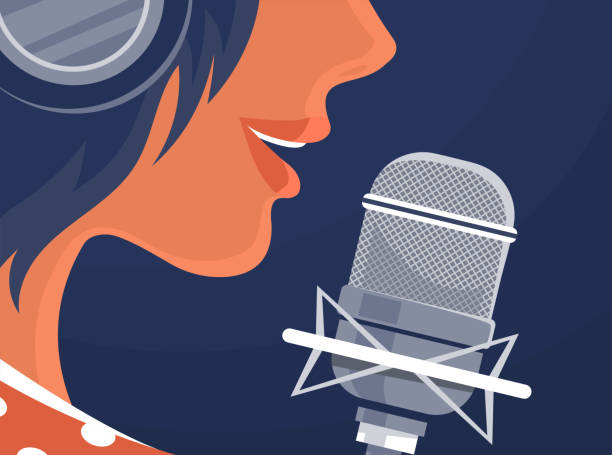 Young girl singer in a recording studio Young girl singer in a recording studio. Microphone and headphones. Face close up. Beautiful song and voice. Music album recording, artwork, radio podcast and live. Cartoon vector illustration recording studio illustrations stock illustrations