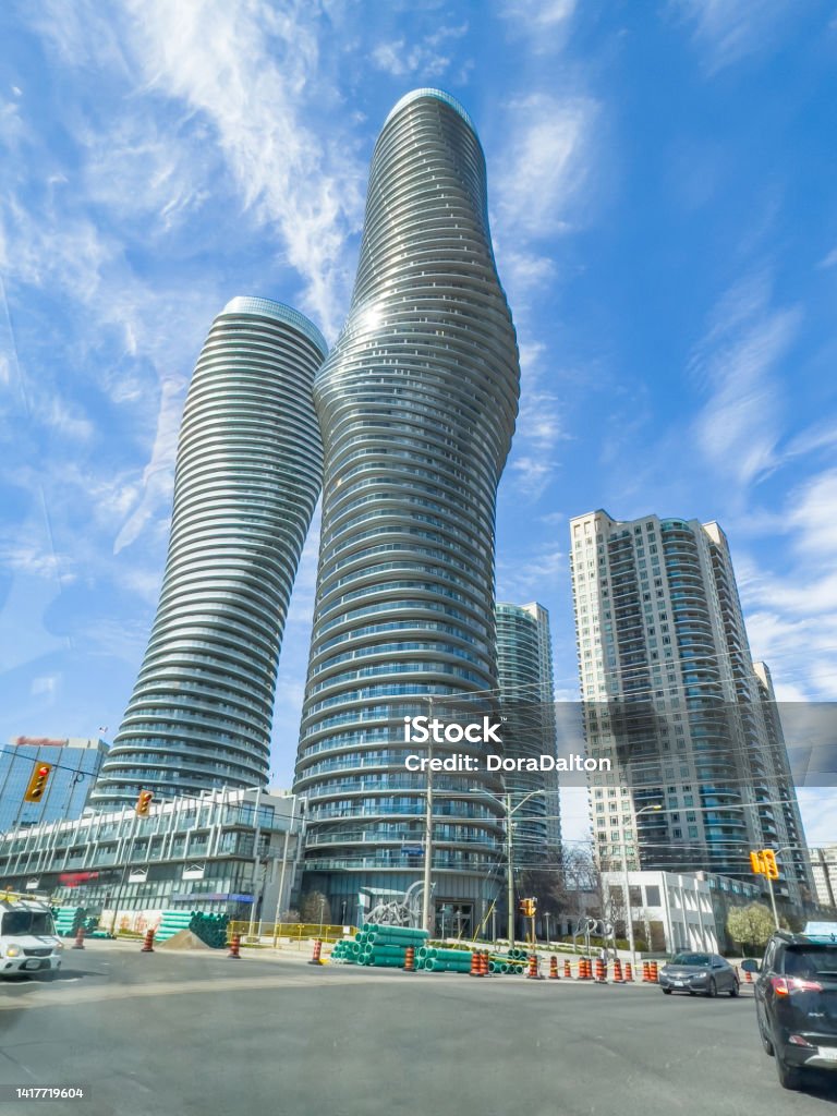 Absolute World Complex, Mississauga, Canada Absolute World Complex and Burnhamthorpe Road view, Mississauga, Canada. Building Exterior Stock Photo