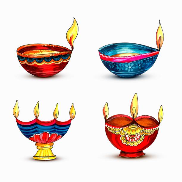 ilustraciones, imágenes clip art, dibujos animados e iconos de stock de feliz diwali colorido diseño de conjunto de acuarela diya - 6731