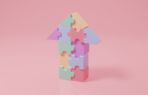Up arrow jigsaw puzzle, cooperation for business growth and success, teamwork to finish project concept, 3d render illustration.