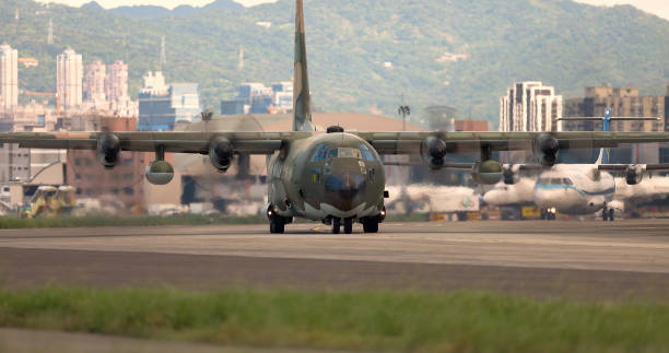 The Military transport on runway ready to take off