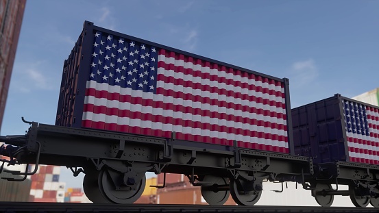Train and containers with the flag of USA. Railway transportation. 3d illustration.