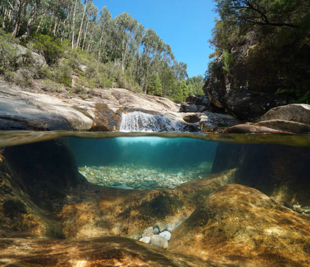 istock Natural stream with small waterfall river landscape over under water 1417727441