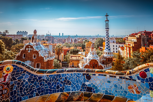 Panoramic view of the Park Güell in Barcelona by twilight, Spain