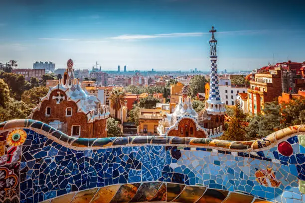 Beautiful Unique Architecture of Park Guell. Amazing Tourist Attraction. Sightseeing. Excursion. Traveling to Barcelona. Spain.