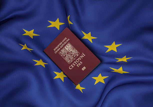 чешский паспорт с флагом европейского союза в центре фотографии, вид сверху, 3d-рендеринг - czech republic czech flag flag national flag стоковые фото и изображения