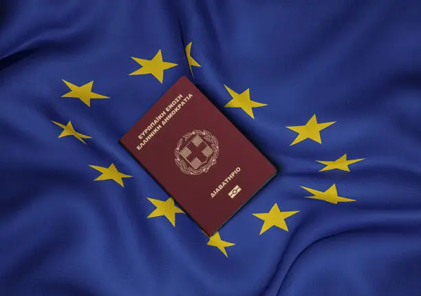 Photo of Greece passport with European Union flag, center, top view ,3D rendering