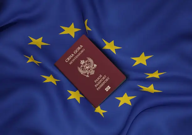 Photo of Montenegro passport with European Union flag in background