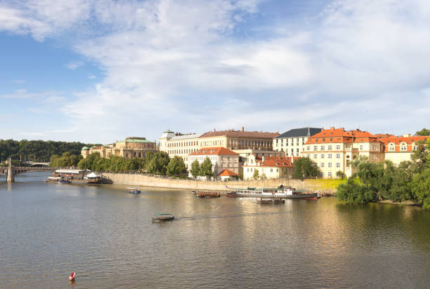 Panoramic view of Vltava river in summer sunny day. Prague, Czhech Republic
