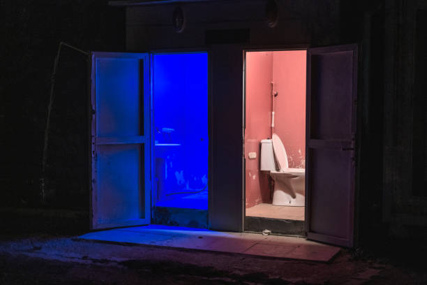 Blue and Pink, Male - Female Restroom with lightning. stock photo