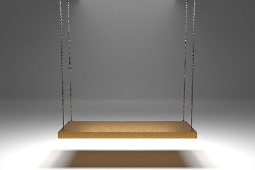 empty golden swing on metallic chains with gray background for product presentation. 3d style illustration render