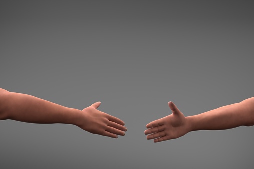 two hands reaching out to each other for handshake on gray background with lot of copy space. 3d render illustration