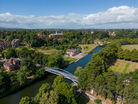 An aerial view of the Kingsland Bridge spanning the River Severn in Shrewsbury, Shropshire, UK