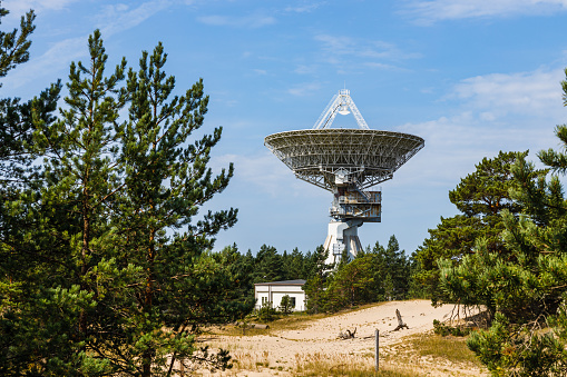 The radio telescope in the abandoned secret Soviet Union military ghost town Irbene in Latvia
