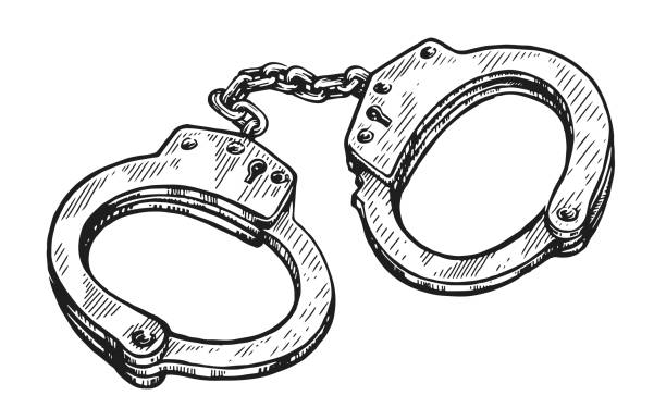 Closed prison handcuffs hand drawn sketch. Metal shackles, police arrest, justice concept. Vector illustration isolated Closed prison handcuffs hand drawn sketch. Metal shackles, police arrest, justice concept. Vector illustration isolated handcuffs stock illustrations