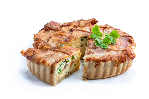 istock Savory pie with bacon and onion isolated on white 1417745656