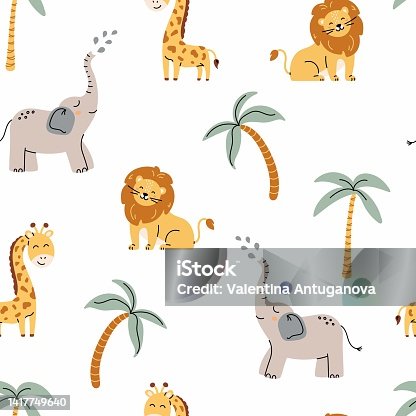 istock Seamless Pattern with african animals on white background. Safari childish seamless pattern with lion, elephant, giraffe 1417749640