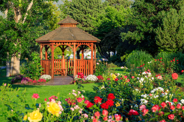 Cedar Gazebo Rose Garden Park Penticton British Columbia Cedar wooden gazebo at the rose garden in the city park of Penticton, British Columbia, Canada located in the Okanagan Valley. gazebo stock pictures, royalty-free photos & images