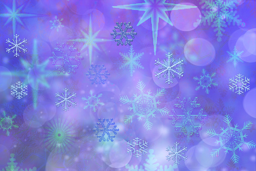 Blue purple gradient abstract background with star shapes, snowflakes and bubbles.