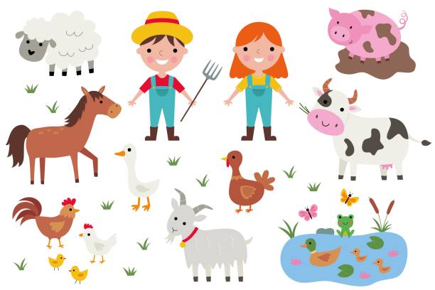 ilustraciones, imágenes clip art, dibujos animados e iconos de stock de felices agricultores y animales de granja, conjunto de vectores - horse goat child humor