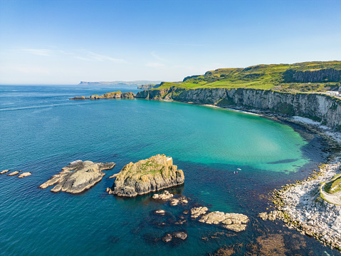 Carrick-A-Rede Coastline in Northern Ireland, with the rope bridge between the mainland and island