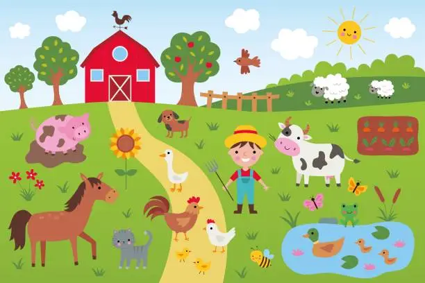 Vector illustration of Farm scene with farmer and animals