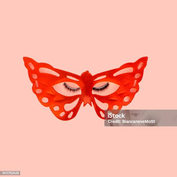 Carnival Mask Over Minimalistic Face Creative Mysterious Layout Stock Photo - Download Image Now