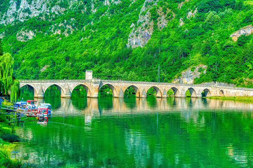 Mehmed pasha Sokolovic bridge during summer day in Visegrad, Bosnia and Herzegovina.