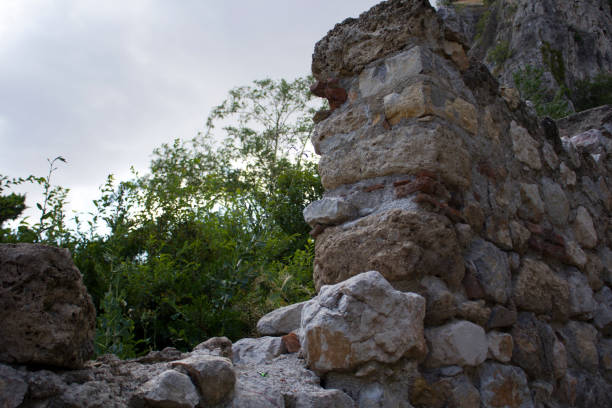 Stone wall corner in front of trees