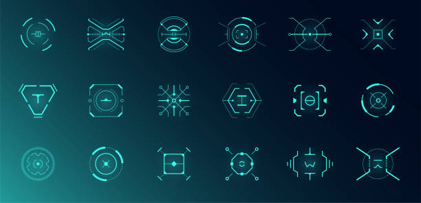 HUD aim control target system set. GUI and FUI interface. Futuristic military optical aiming collection. GUI digital radar elements. Collimator focus range sights. Digital dashboard eps crosshairs HUD aim control target system set. GUI and FUI interface. Futuristic military optical aiming collection. GUI digital radar elements. Collimator focus range sights. Digital dashboard vector crosshairs military borders stock illustrations