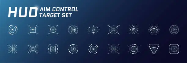 Vector illustration of HUD aim control target system set. GUI and FUI interface. Futuristic military optical aiming collection. GUI digital radar elements. Collimator focus range sights. Digital dashboard crosshairs. Eps