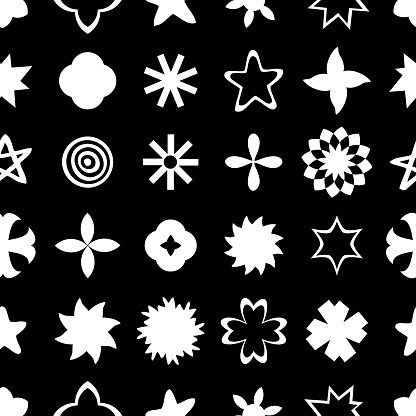 Monochrome Y2K stars, starburst futuristic seamless pattern. Perfect geometric print for tee, textile and fabric. Bold brutalist vector illustration for decor and design.