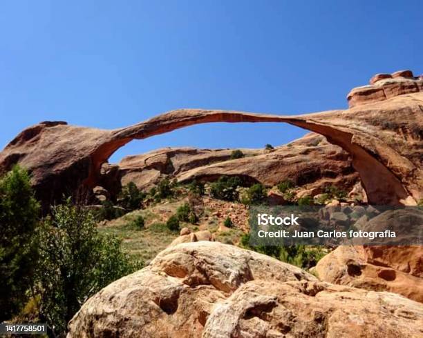 Arco Landscape Is The Longest Of The Many Natural Rock Arches Located In Arcos National Park Utah United States Stock Photo - Download Image Now