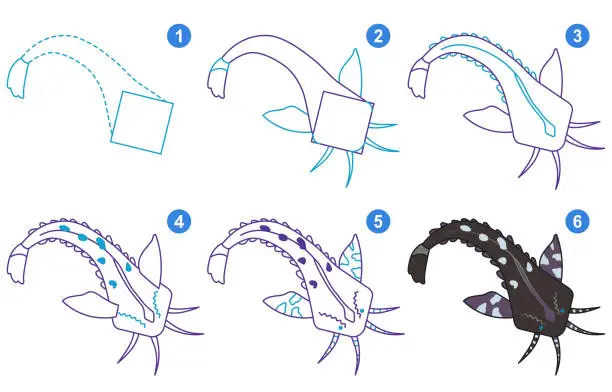 Vector illustration of Instructions for drawing agamix. Step by step.