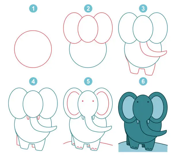 Vector illustration of Instructions for drawing cute elephant. Follow step by step. Worksheet for kid learning to draw animals.