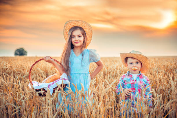 linda mulher e menino segurando pão caseiro no campo de trigo. conceito de agricultura e alimentos - bread food baked 7 grain bread - fotografias e filmes do acervo