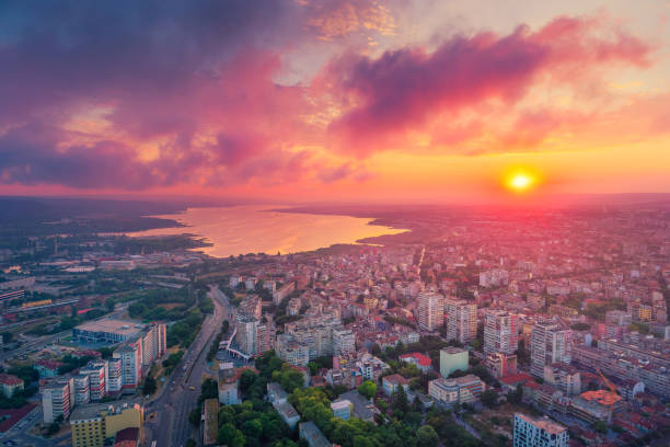 istock Dramatic sunset over Varna city and Varna lake 1417760946