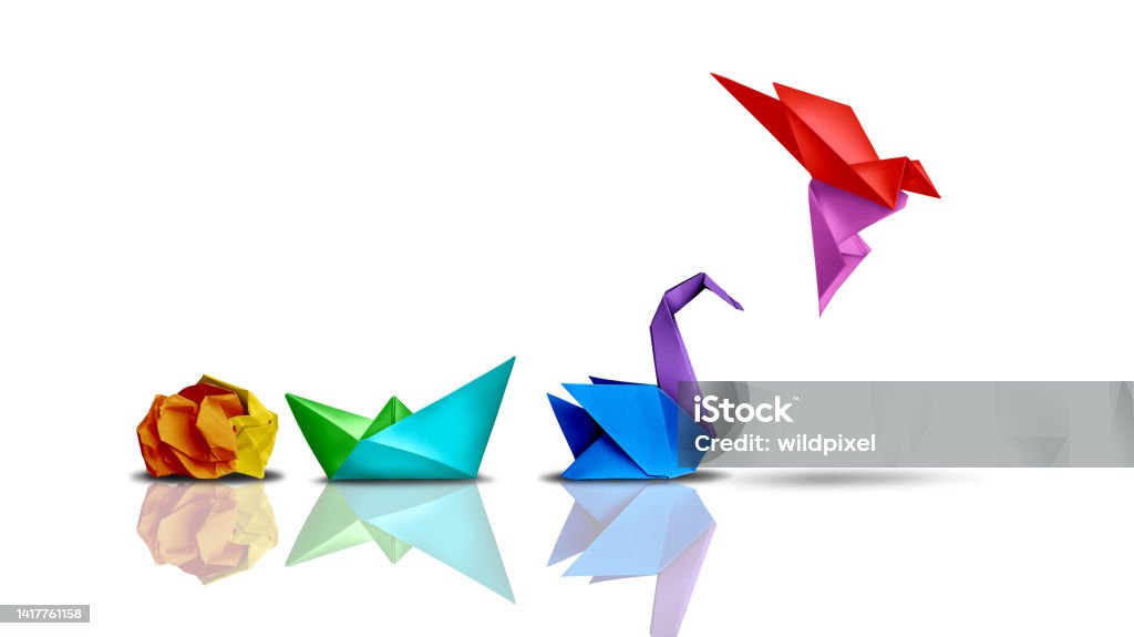 Success Transformation Success transformation and Transform to succeed or improving concept and leadership in business through innovation and evolution with paper origami changed for the better. Change Stock Photo