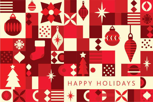 Happy Holidays Greeting mosaic greeting card flat design template with holiday ornaments, deer and trees, geometric shapes and simple icons Vector illustration of a Happy Holidays Invitation card design with geometric simplicity and bright red and cream colors background. Includes flat colorful jumping deer silhouette mosaic. Fully editable and easy to customize. Download includes eps 10 and high resolution jpg. vintage ornaments stock illustrations